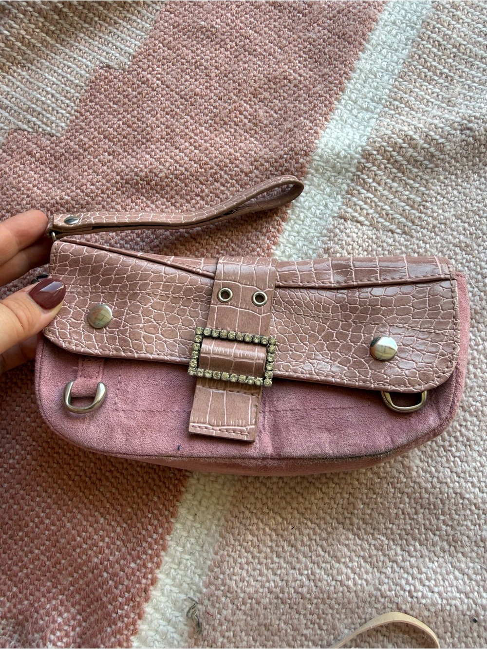 Pink Croc-Texture Wristlet Clutch with Rhinestone Buckle